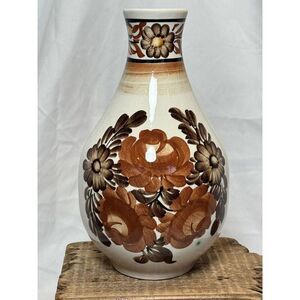 VTG Hand-Painted Ceramic Flower Vase Brown Floral‎ Design Decorative Art Pottery